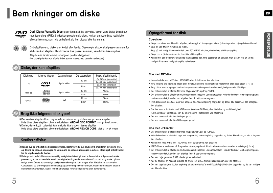 Samsung HT-P10R/EDC manual Bem rkninger om diske, Optageformat for disk, Kopibeskyttelse 