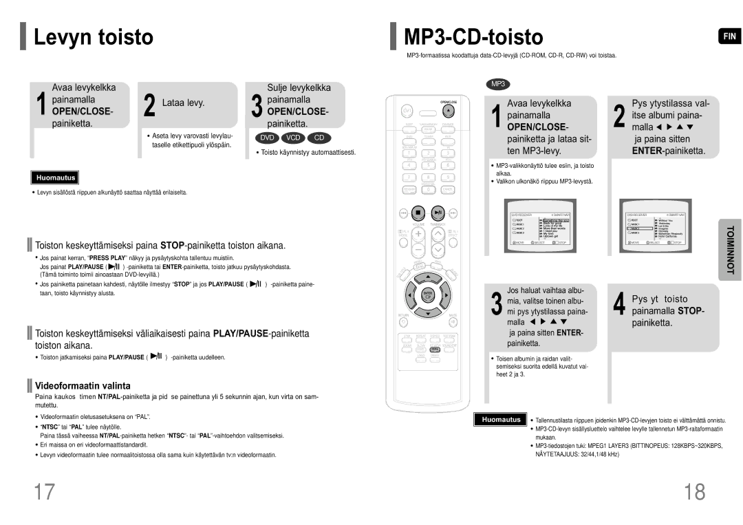 Samsung HT-P10R/EDC manual Levyn toisto MP3-CD-toisto, Toiminnot, Videoformaatin valinta 