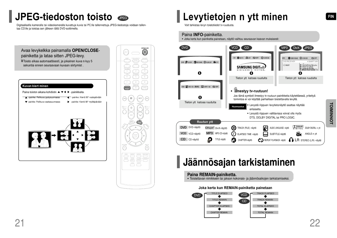 Samsung HT-P10R/EDC manual JPEG-tiedoston toisto Jpeg, Levytietojen n ytt minen, Paina INFO-painiketta, Ilmestyy tv-ruutuun 