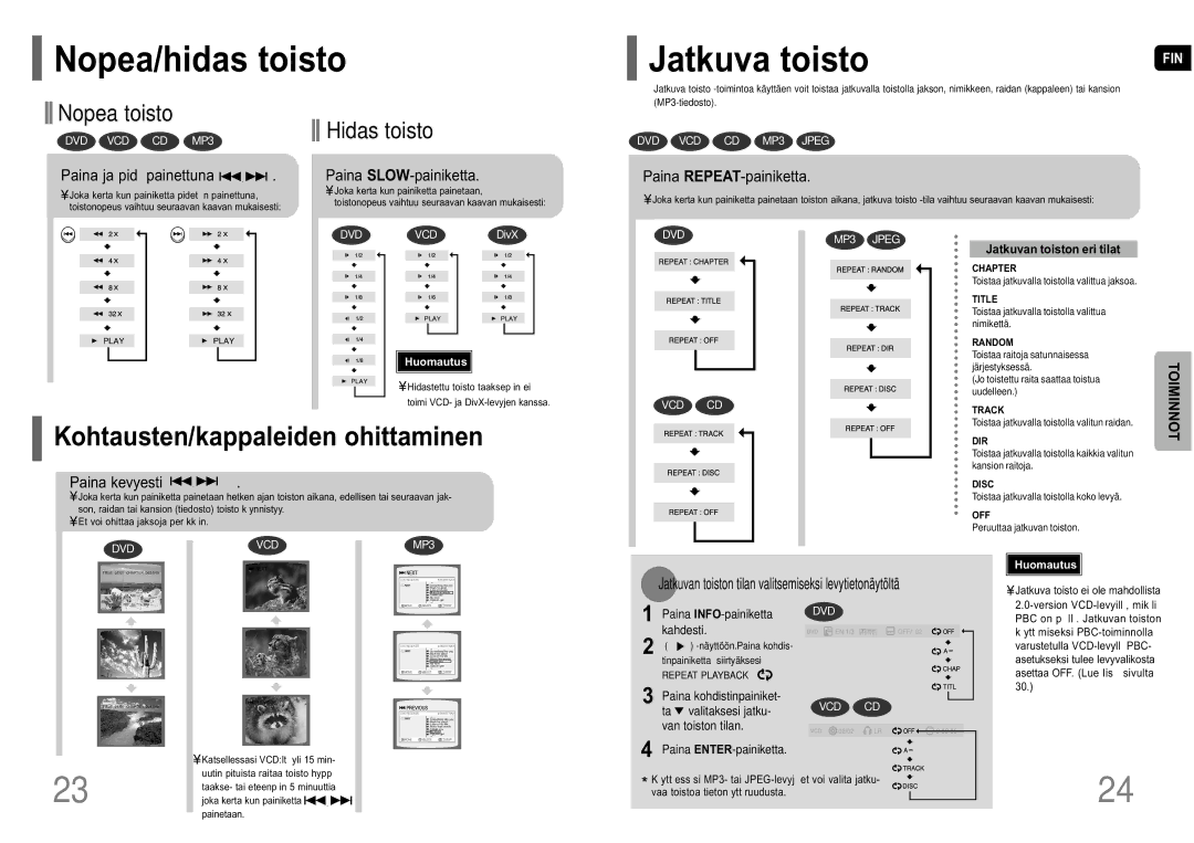 Samsung HT-P10R/EDC Nopea/hidas toisto Jatkuva toisto, Paina ja pid painettuna, Paina SLOW-painiketta, Paina kevyesti 