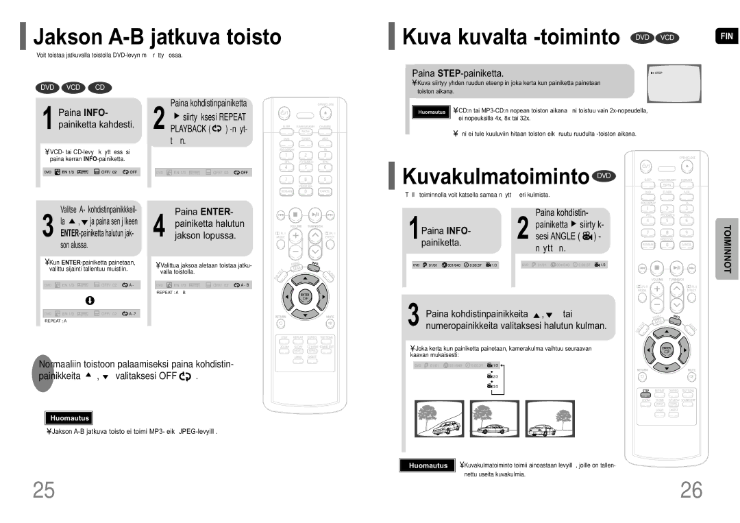 Samsung HT-P10R/EDC manual Jakson A-B jatkuva toisto, Kuva kuvalta -toiminto DVD VCD, Kuvakulmatoiminto DVD 