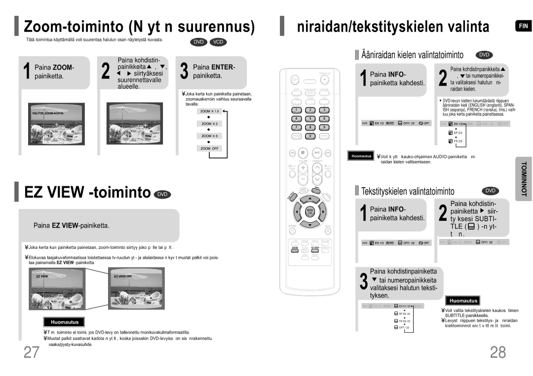 Samsung HT-P10R/EDC EZ View -toiminto DVD, Zoom-toiminto N yt n suurennus, Paina ZOOM- painiketta, Paina Enter Painiketta 