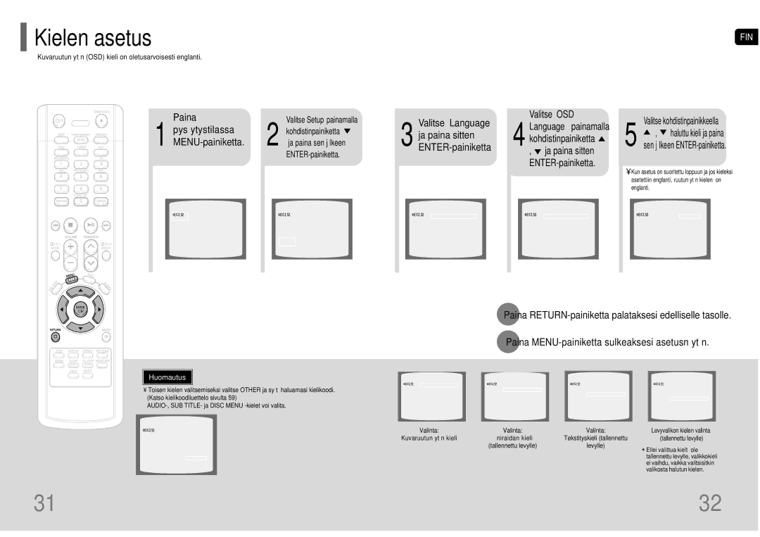 Samsung HT-P10R/EDC manual Kielen asetus, Paina Pys ytystilassa MENU-painiketta 