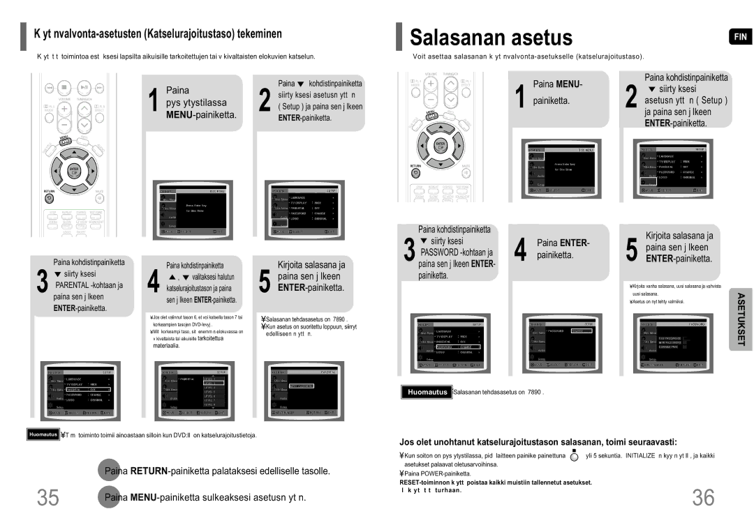 Samsung HT-P10R/EDC manual Asetukset, Yt nvalvonta-asetusten Katselurajoitustaso tekeminen, Paina, Pys ytystilassa 