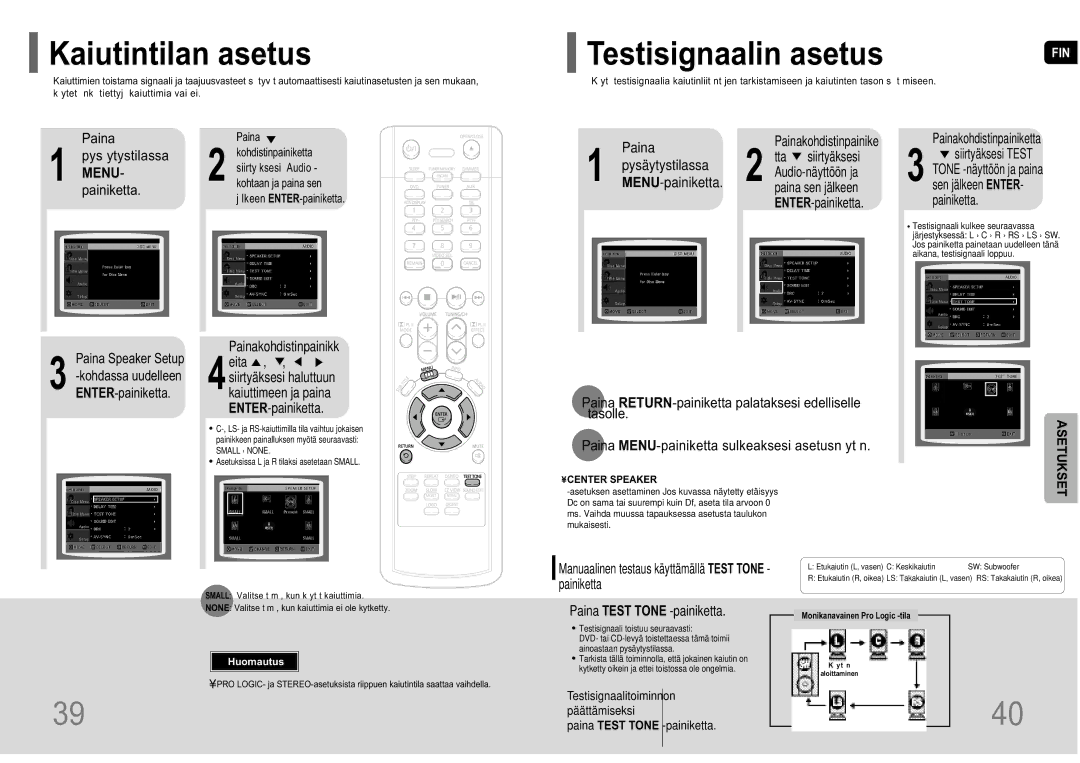 Samsung HT-P10R/EDC manual Kaiutintilan asetus, Paina RETURN-painiketta palataksesi edelliselle Tasolle 