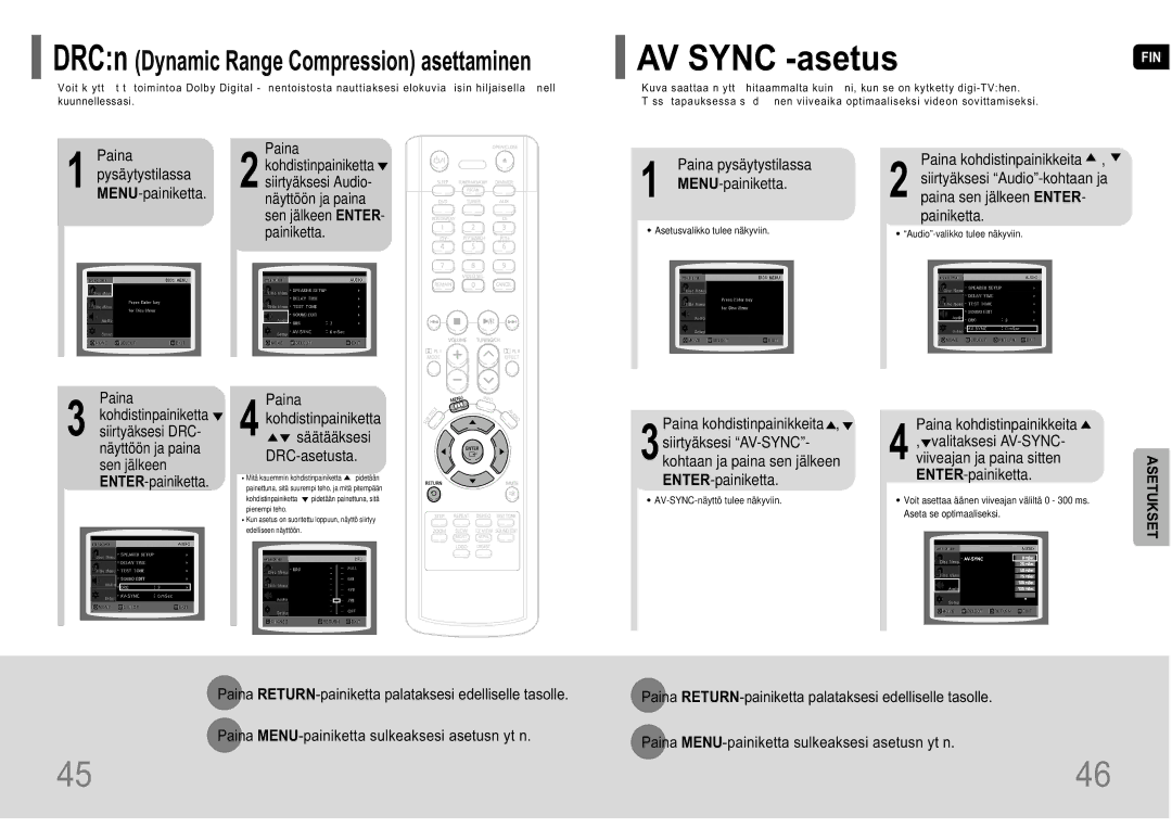 Samsung HT-P10R/EDC manual AV Sync -asetus, DRCn Dynamic Range Compression asettaminen 