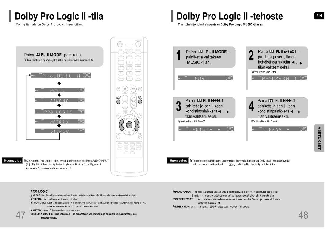 Samsung HT-P10R/EDC manual Dolby Pro Logic II -tila, Dolby Pro Logic II -tehoste 