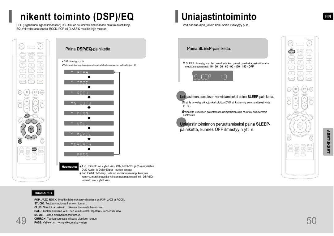 Samsung HT-P10R/EDC manual Nikentt toiminto DSP/EQ, Uniajastintoiminto, Paina DSP/EQ-painiketta, Paina SLEEP-painiketta 