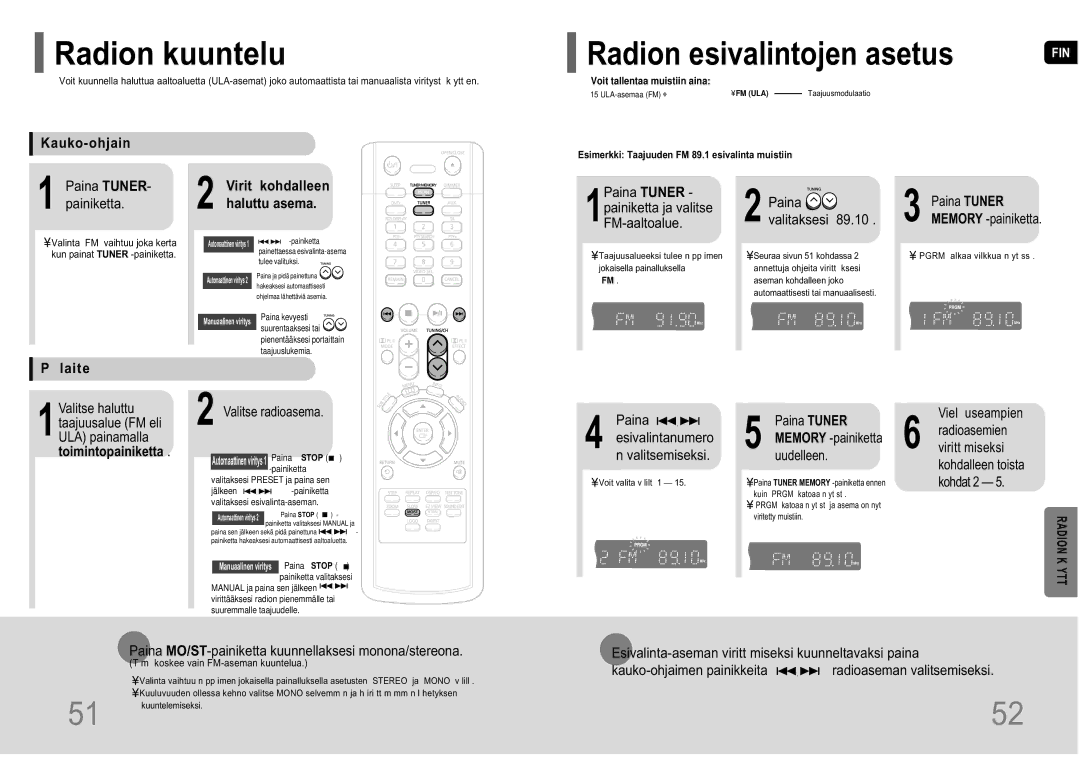 Samsung HT-P10R/EDC manual Radion kuuntelu, Radion esivalintojen asetus, Radion K YTT, Kauko-ohjain 