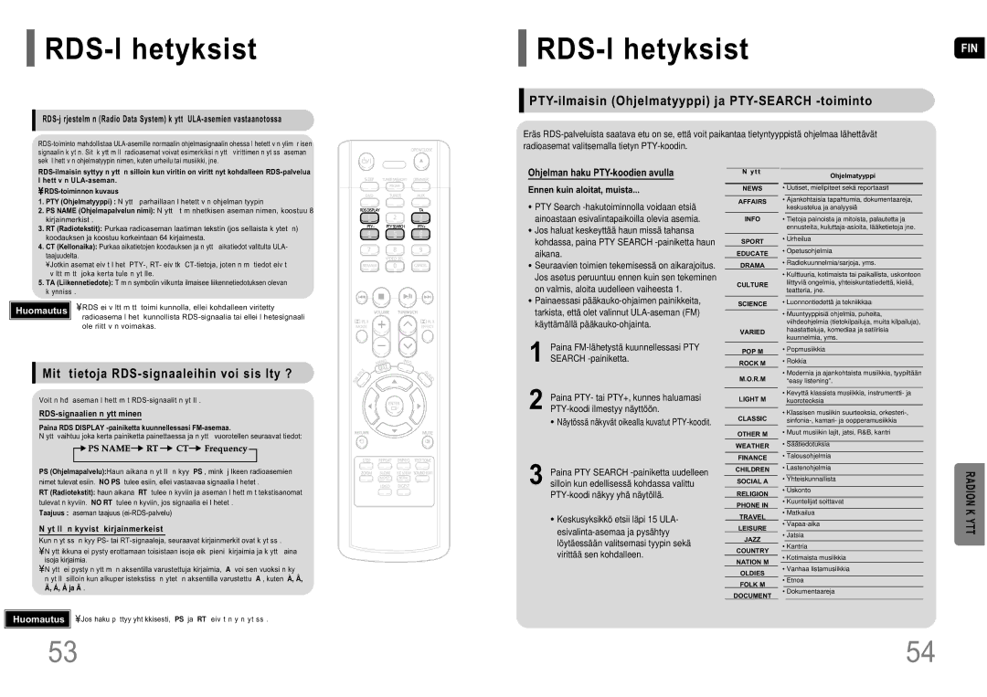 Samsung HT-P10R/EDC manual RDS-l hetyksist, PTY-ilmaisin Ohjelmatyyppi ja PTY-SEARCH -toiminto 