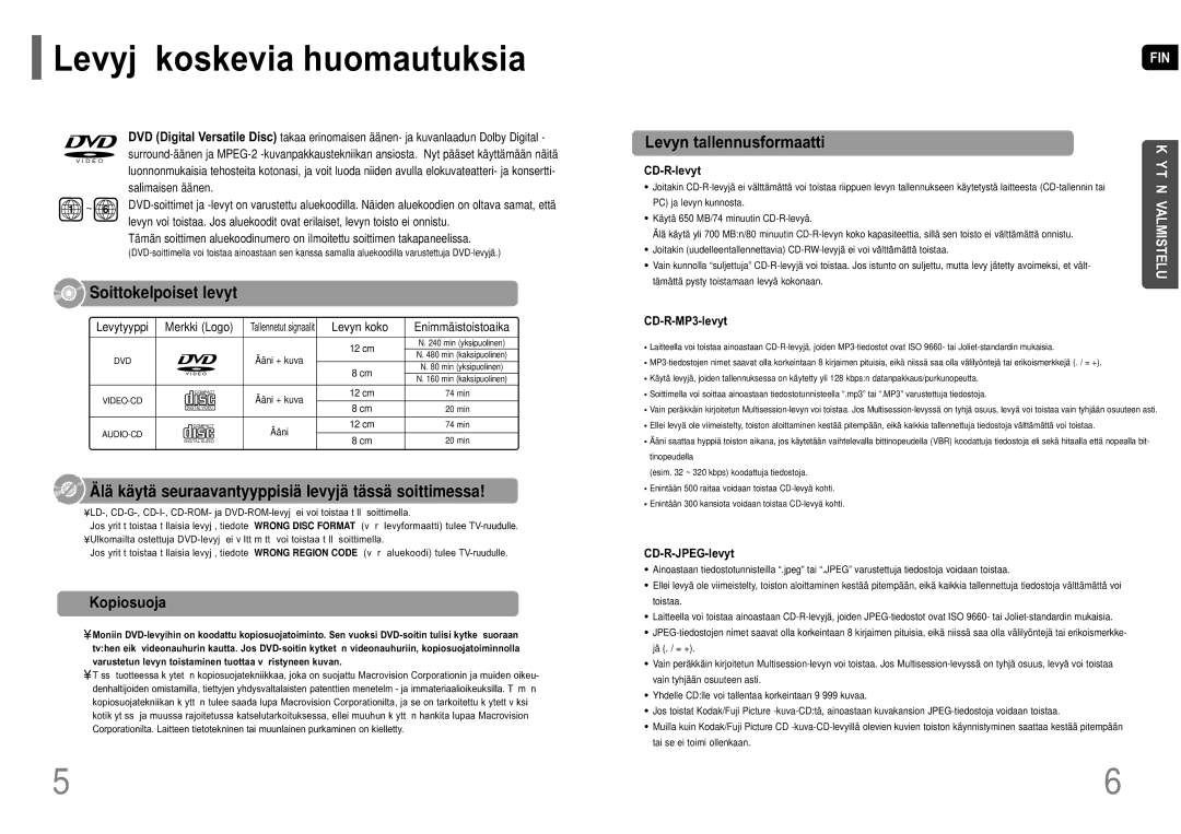 Samsung HT-P10R/EDC manual Levyj koskevia huomautuksia, Kopiosuoja 