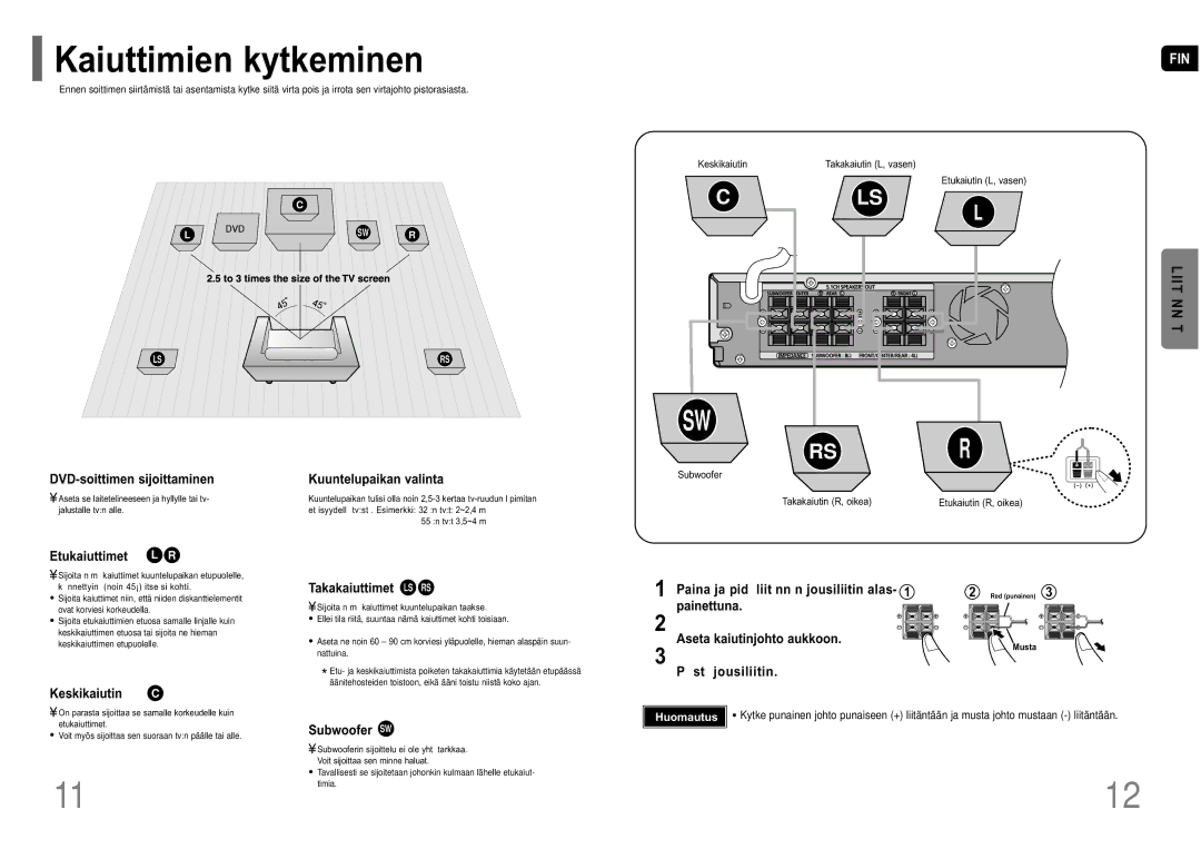 Samsung HT-P10R/EDC manual Kaiuttimien kytkeminen, Liit NN T 