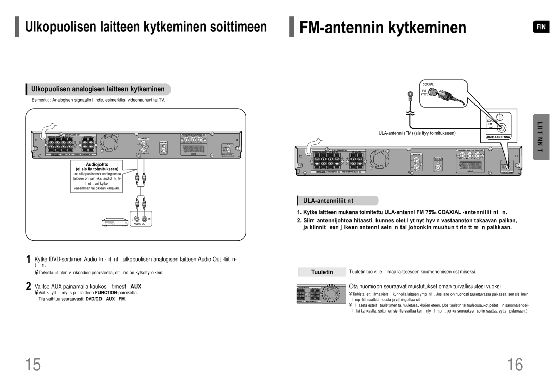 Samsung HT-P10R/EDC manual FM-antennin kytkeminen, Liit, Nn T, Ulkopuolisen analogisen laitteen kytkeminen 