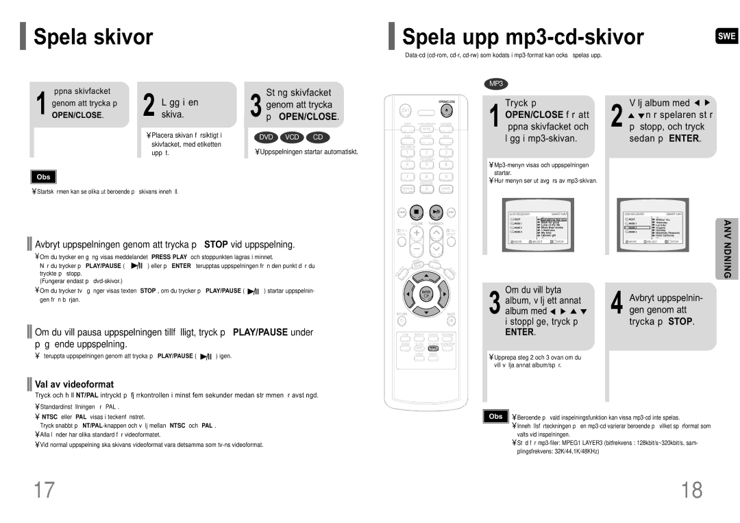 Samsung HT-P10R/EDC manual Spela skivor, Spela upp mp3-cd-skivor, ANV Ndning, OPEN/CLOSE f r att ppna skivfacket och 