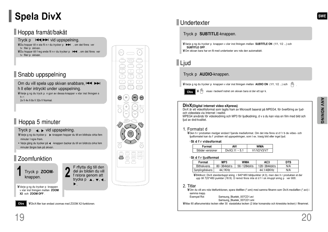 Samsung HT-P10R/EDC manual Spela DivX, Anv 