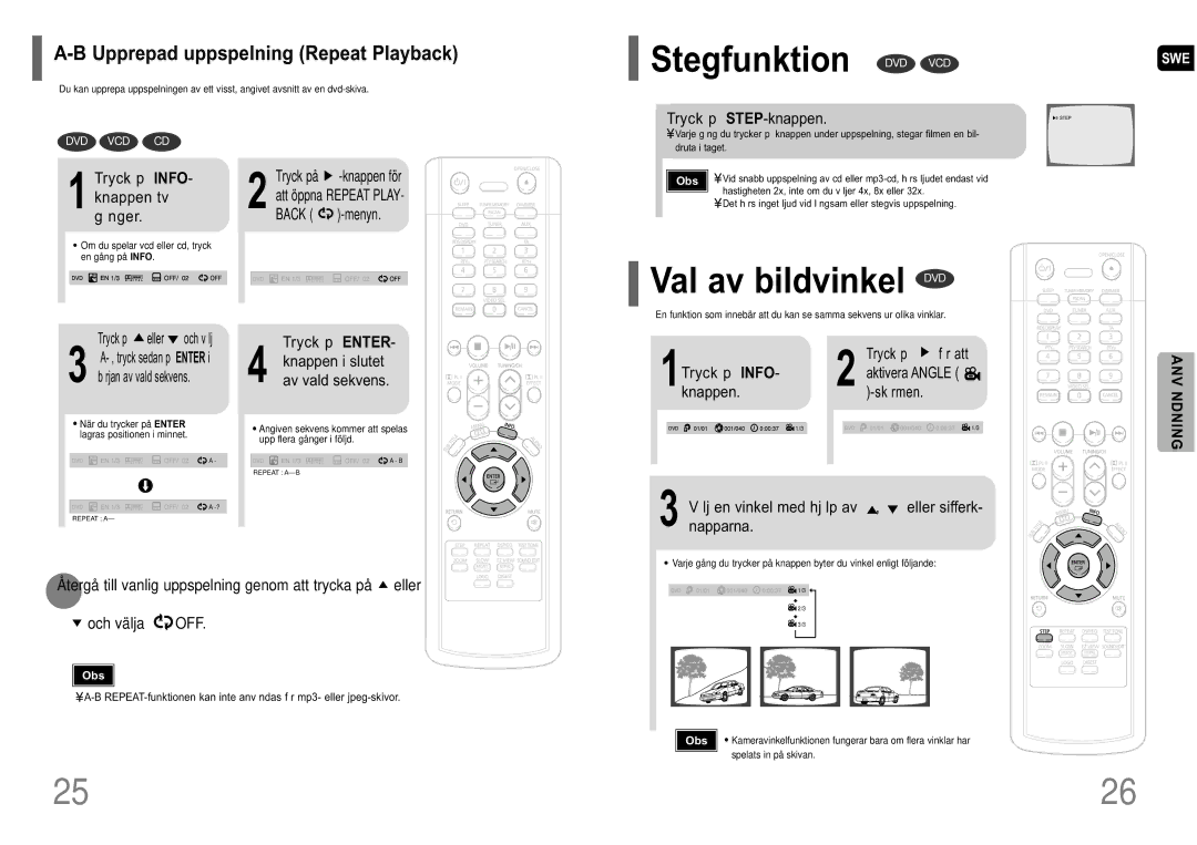 Samsung HT-P10R/EDC manual Stegfunktion DVD VCD, Val av bildvinkel DVD 