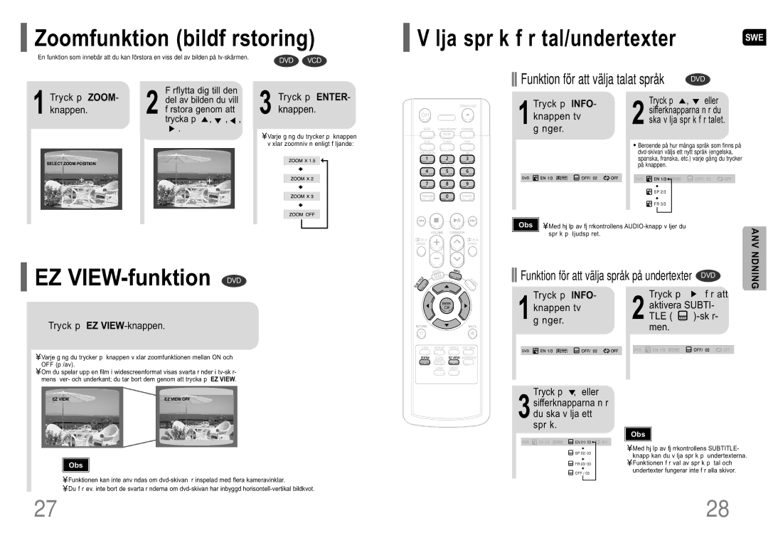 Samsung HT-P10R/EDC manual EZ VIEW-funktion DVD, Zoomfunktion bildf rstoring, Ndning 