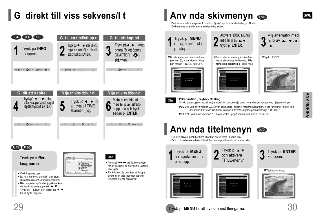 Samsung HT-P10R/EDC manual Anv nda titelmenyn DVD, Direkt till viss sekvens/l t 