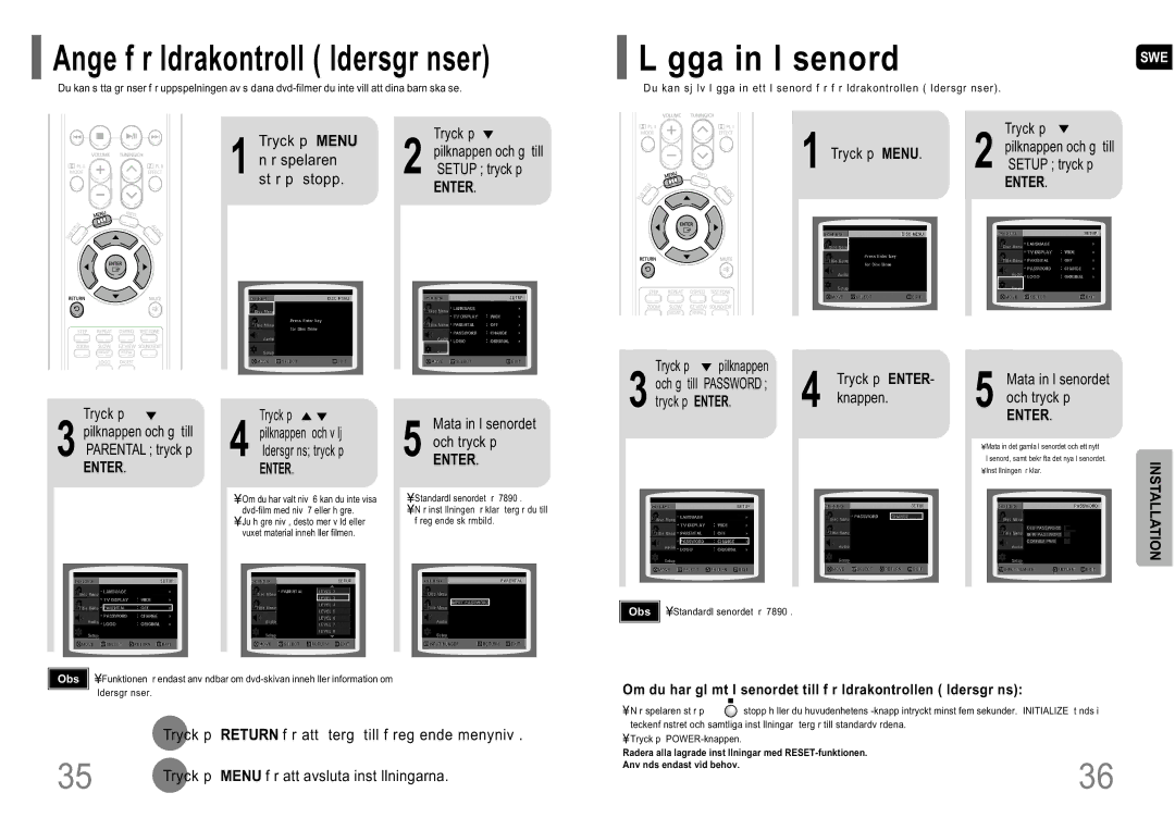 Samsung HT-P10R/EDC manual Installation, Spelaren, St r p stopp 