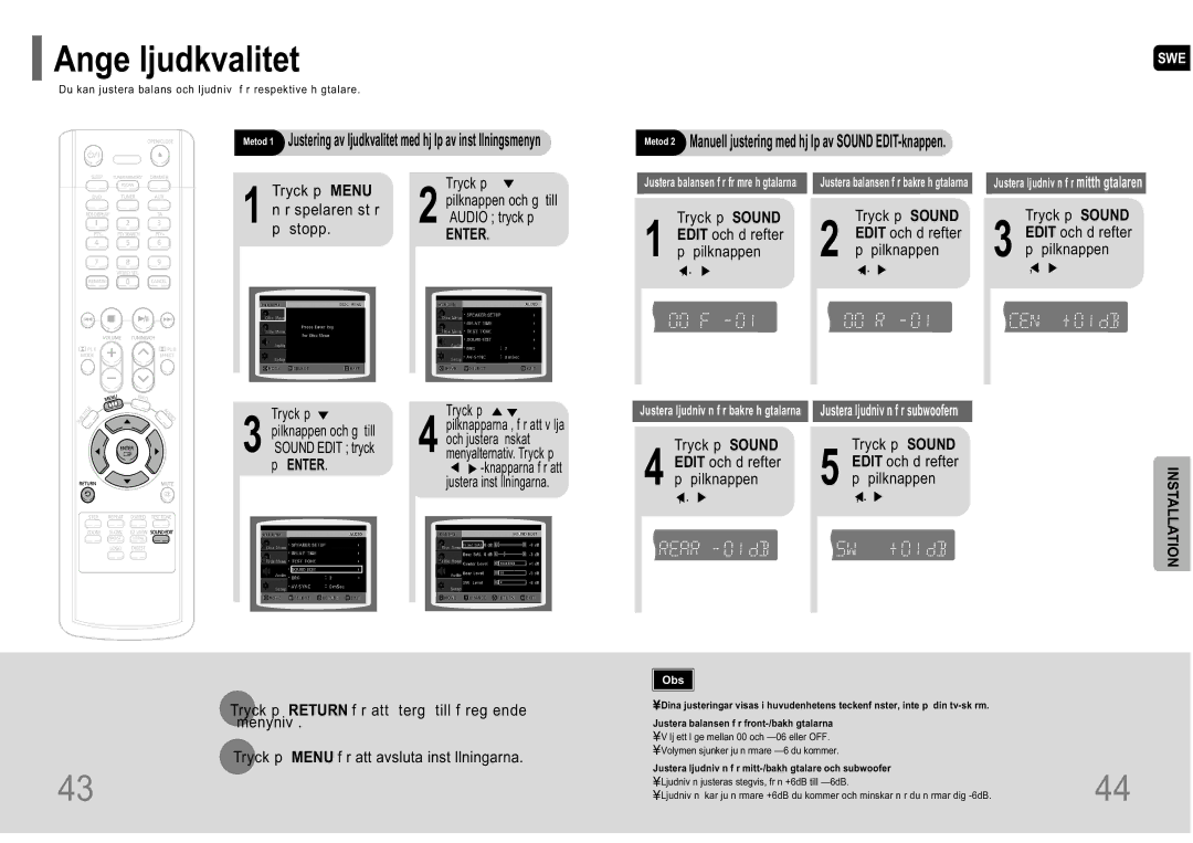 Samsung HT-P10R/EDC manual Ange ljudkvalitet, Np rstopp.spelaren st r, Pilknappen, Tryck p Sound Edit och d refter 