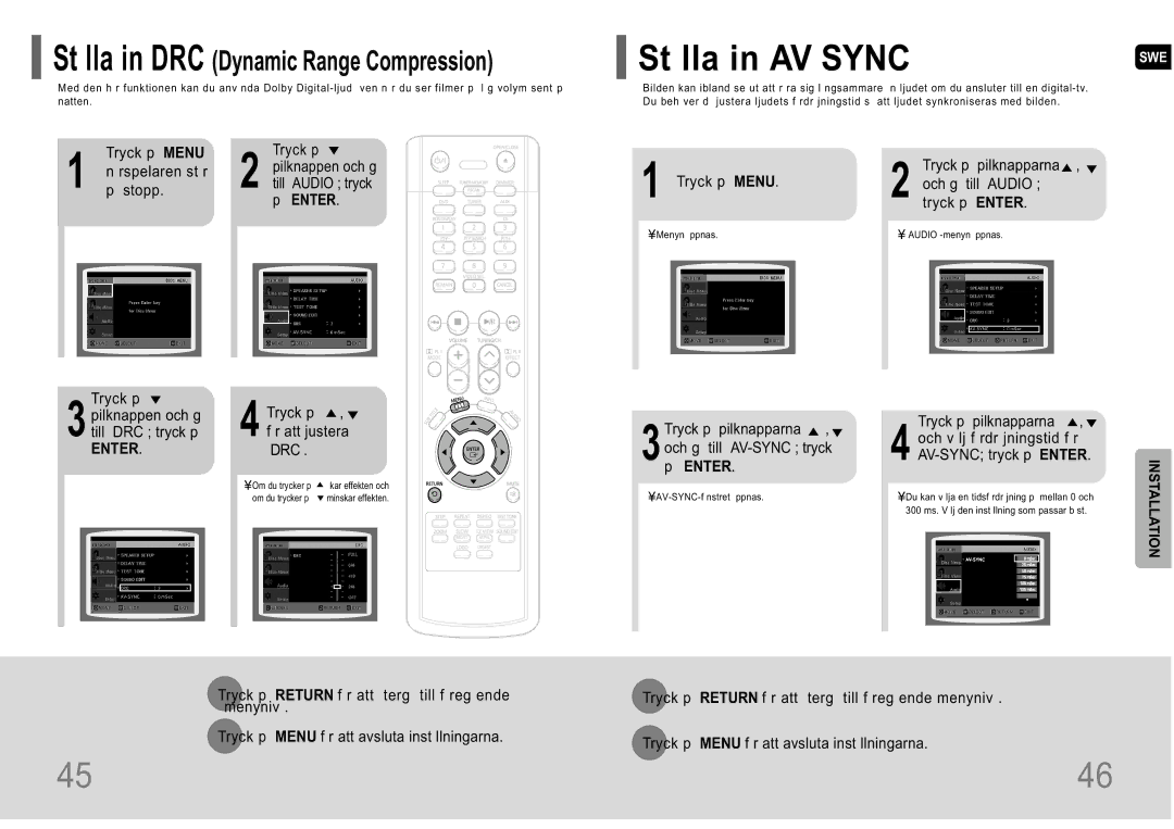 Samsung HT-P10R/EDC manual St lla in AV Sync, Enter 