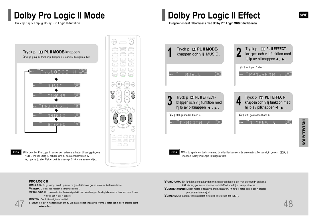 Samsung HT-P10R/EDC manual Dolby Pro Logic II Mode, Tryck p PL II MODE-knappen, Knappen och v lj Music, Hj lp av pilknappen 