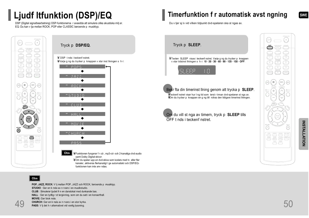 Samsung HT-P10R/EDC manual Ljudf ltfunktion DSP/EQ, Tryck p DSP/EQ, Tryck p Sleep 