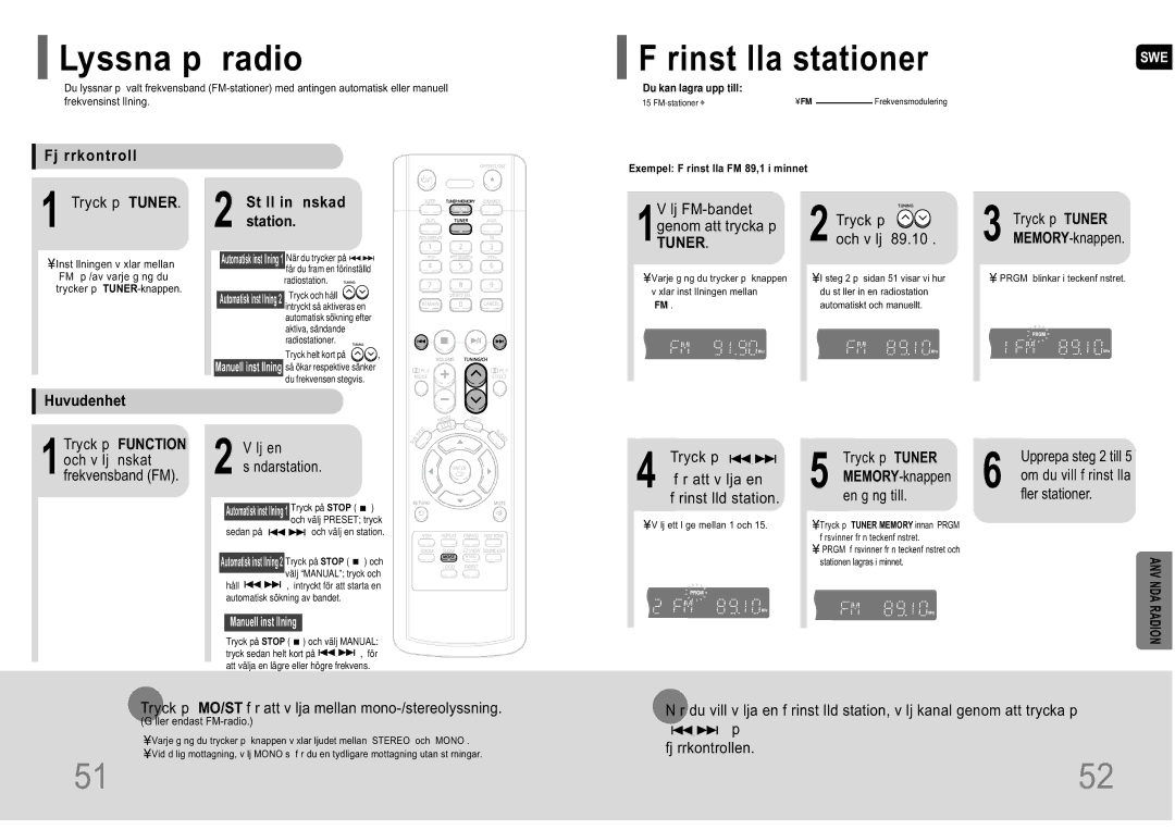 Samsung HT-P10R/EDC manual Lyssna p radio, Rinst lla stationer, ANV NDA Radion 