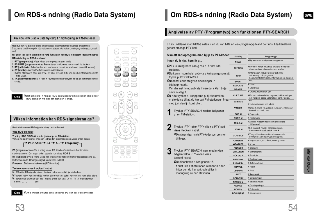 Samsung HT-P10R/EDC manual Angivelse av PTY Programtyp och funktionen PTY-SEARCH, Vilken information kan RDS-signalerna ge? 