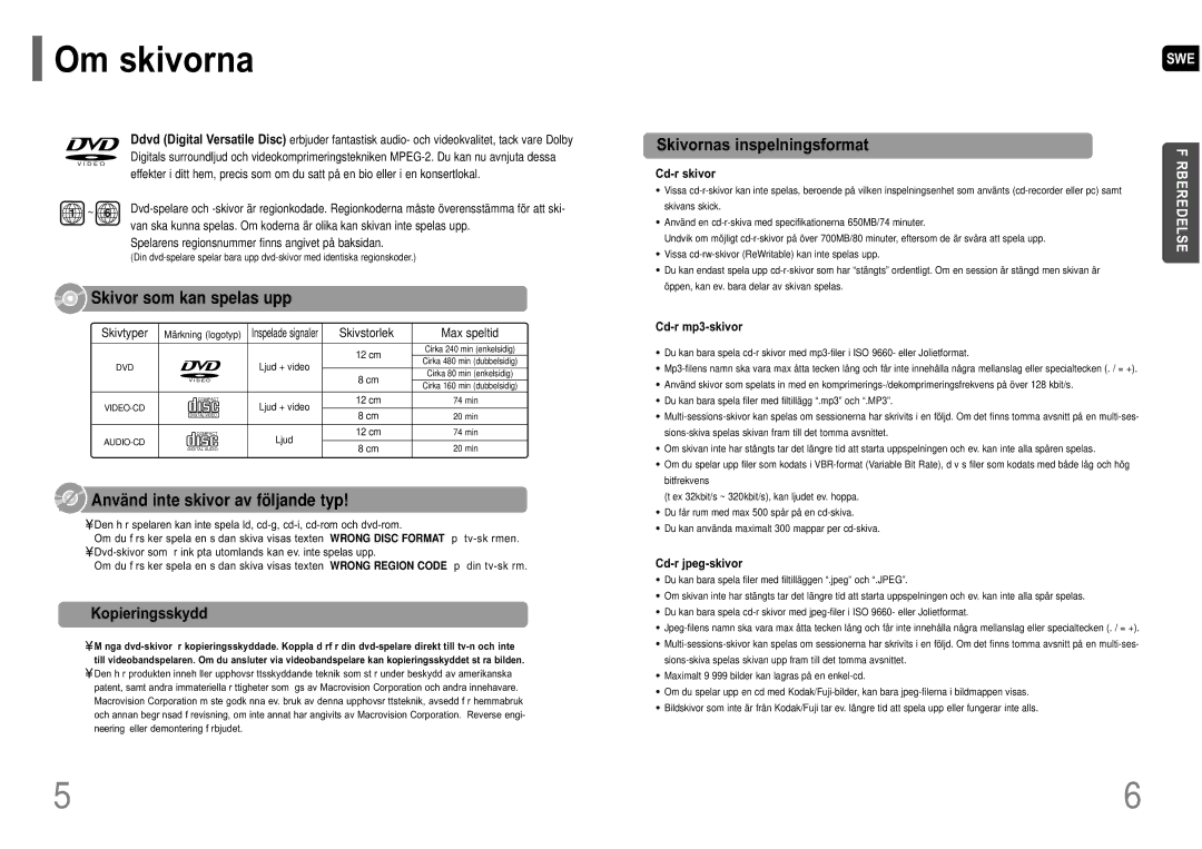 Samsung HT-P10R/EDC manual Om skivorna, Kopieringsskydd 