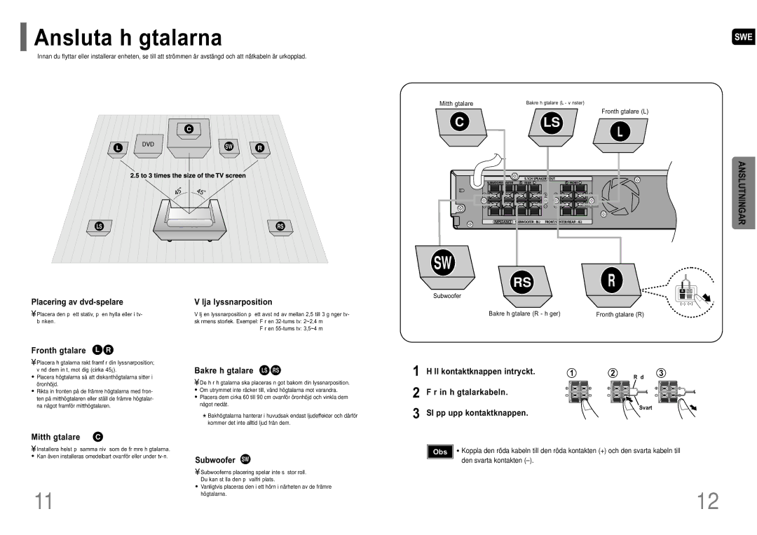 Samsung HT-P10R/EDC manual Ansluta h gtalarna, Anslutningar 