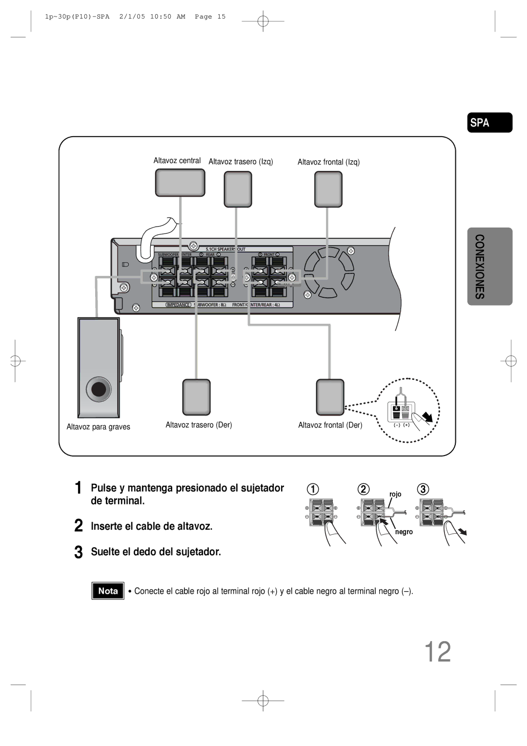 Samsung HT-P10R/EDC, HT-P10R/ELS manual De terminal, Inserte el cable de altavoz, Suelte el dedo del sujetador 