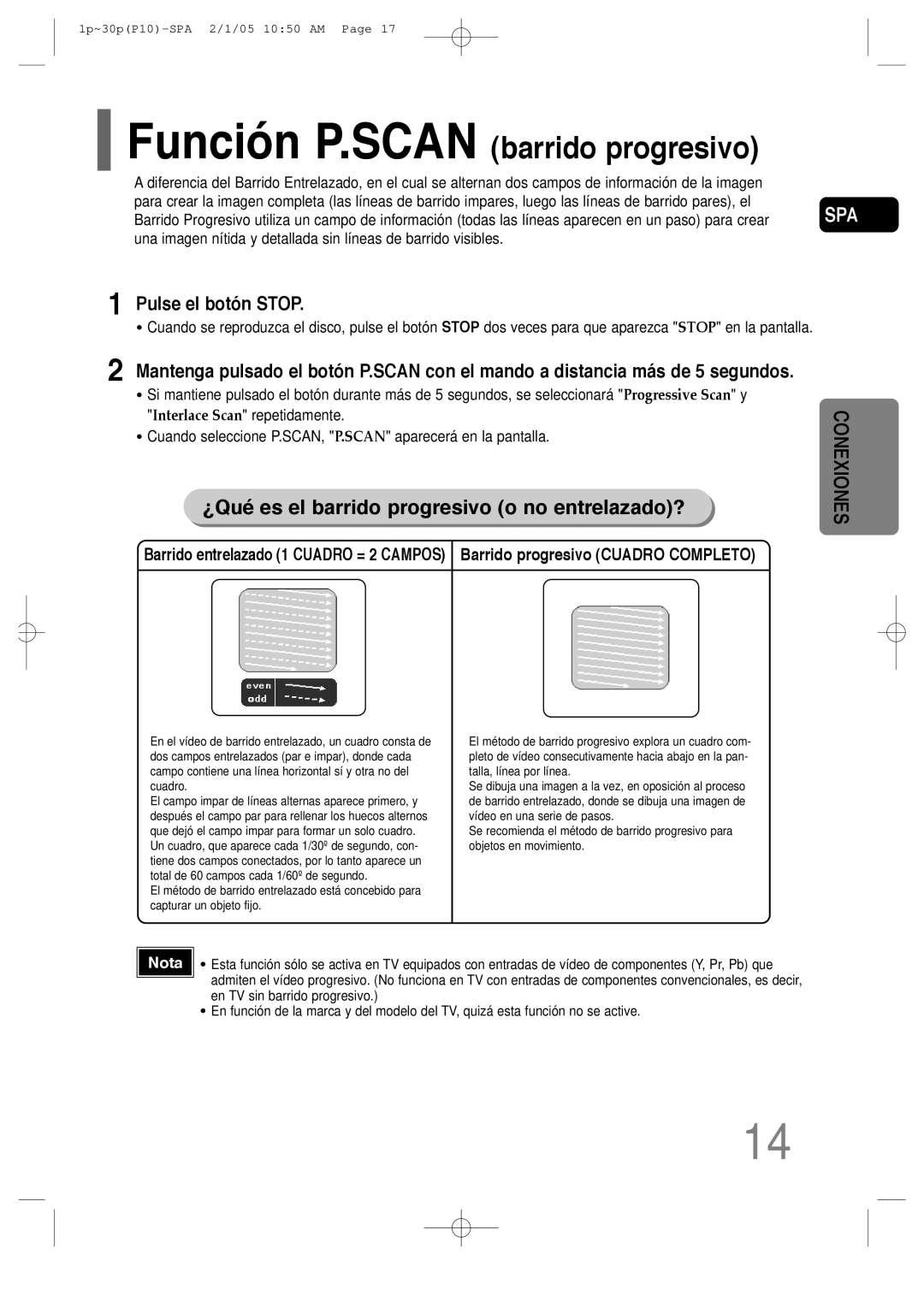 Samsung HT-P10R/ELS, HT-P10R/EDC manual Función P.SCAN barrido progresivo, Pulse el botón Stop 