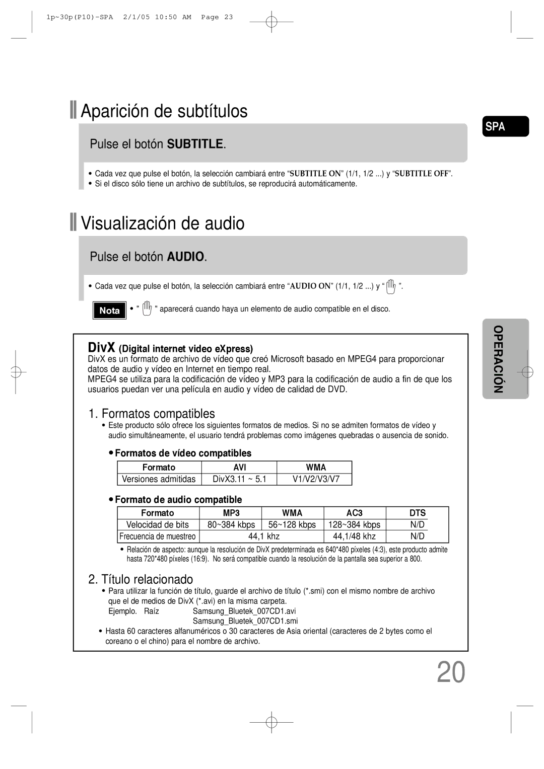 Samsung HT-P10R/ELS, HT-P10R/EDC Pulse el botón Subtitle, Pulse el botón Audio, Formatos compatibles, Título relacionado 