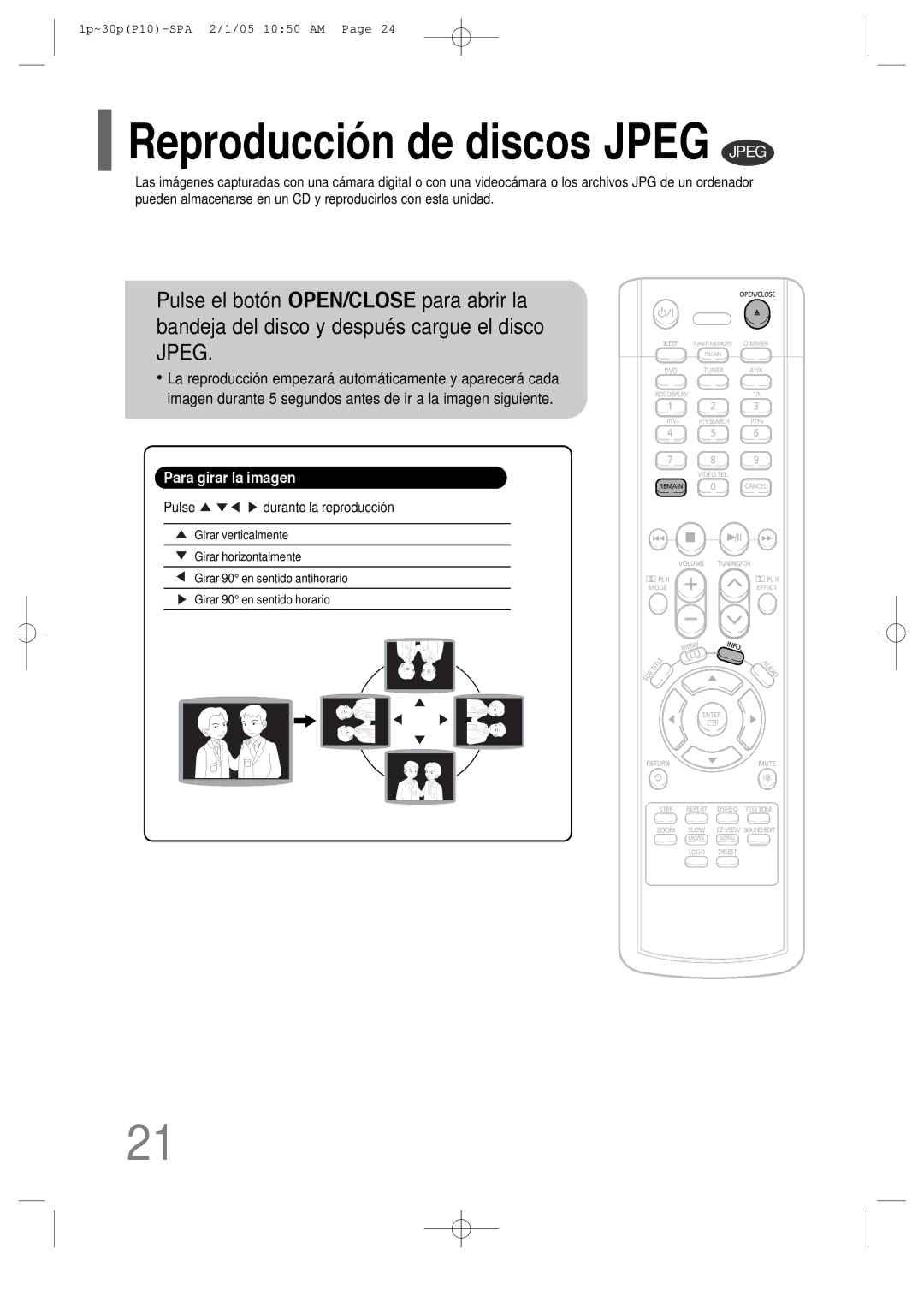 Samsung HT-P10R/EDC, HT-P10R/ELS manual Reproducción de discos Jpeg Jpeg, Para girar la imagen 