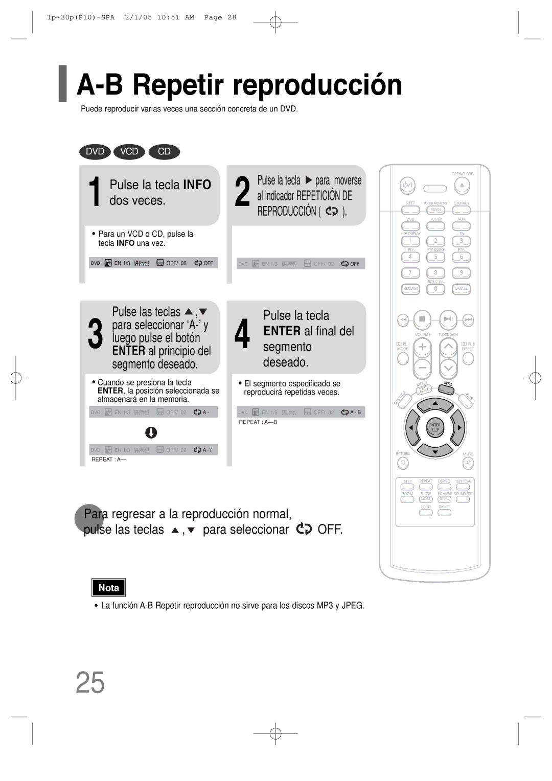 Samsung HT-P10 Repetir reproducción, Pulse la tecla Info dos veces, Pulse la tecla Enter al final del segmento deseado 