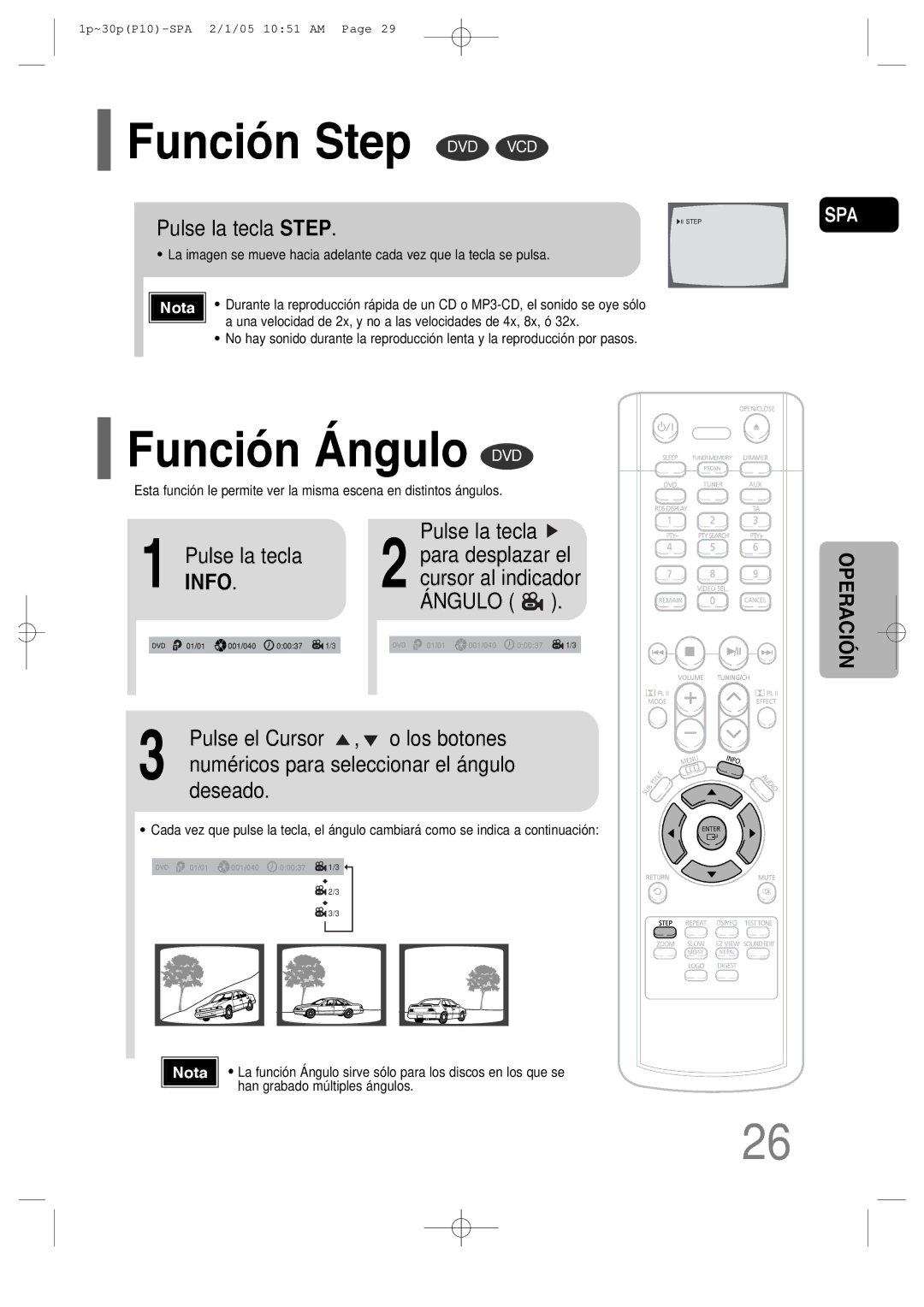 Samsung HT-P10R/ELS, HT-P10R/EDC manual Función Step DVD VCD, Función Ángulo DVD, Info 