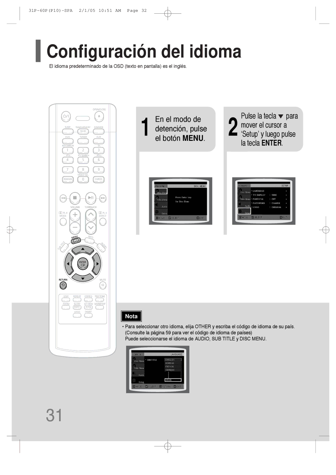 Samsung HT-P10R/ELS, HT-P10R/EDC manual Configuración del idioma, En el modo de 