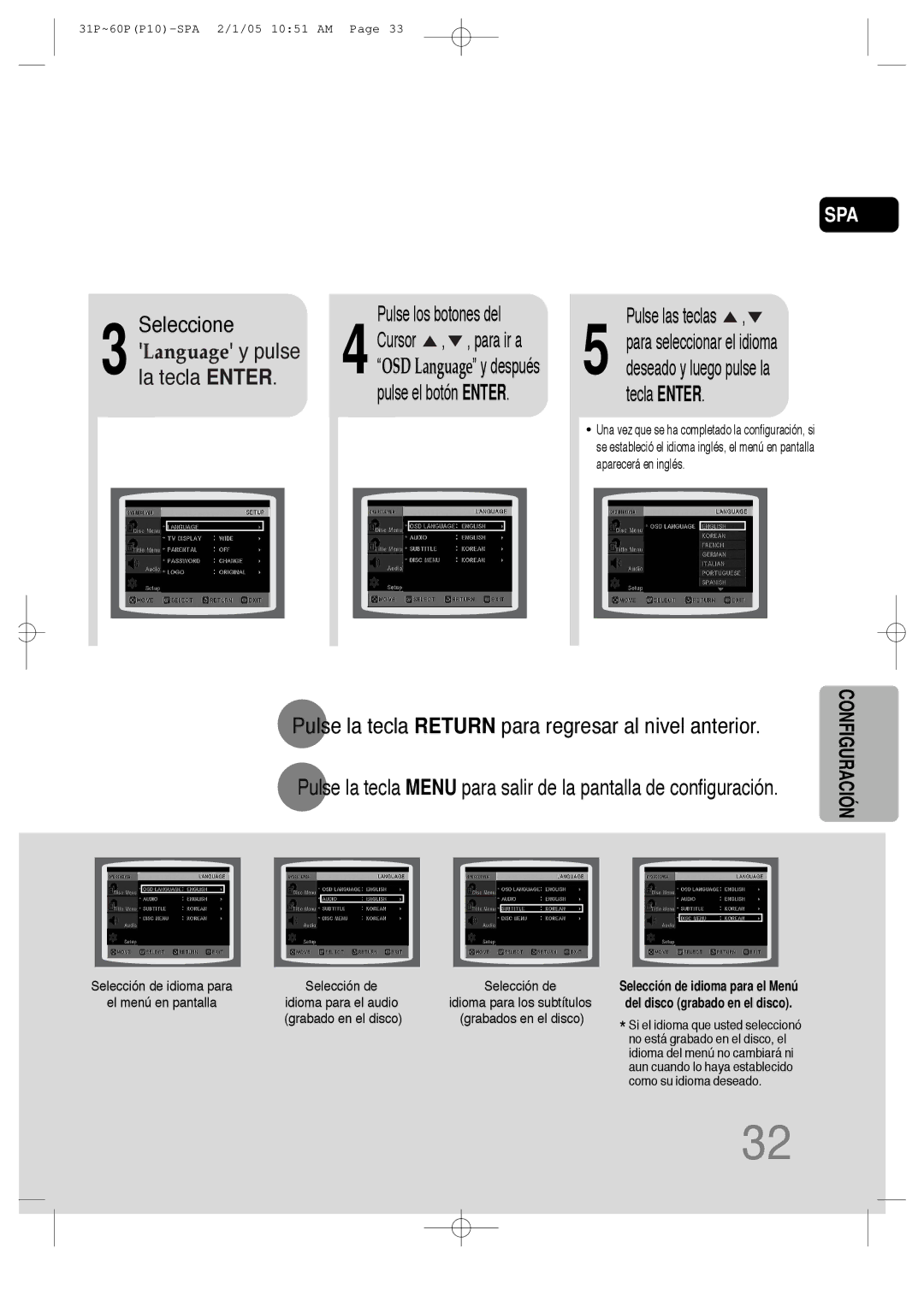 Samsung HT-P10R/ELS, HT-P10R/EDC manual Seleccione, Pulse la tecla Return para regresar al nivel anterior 