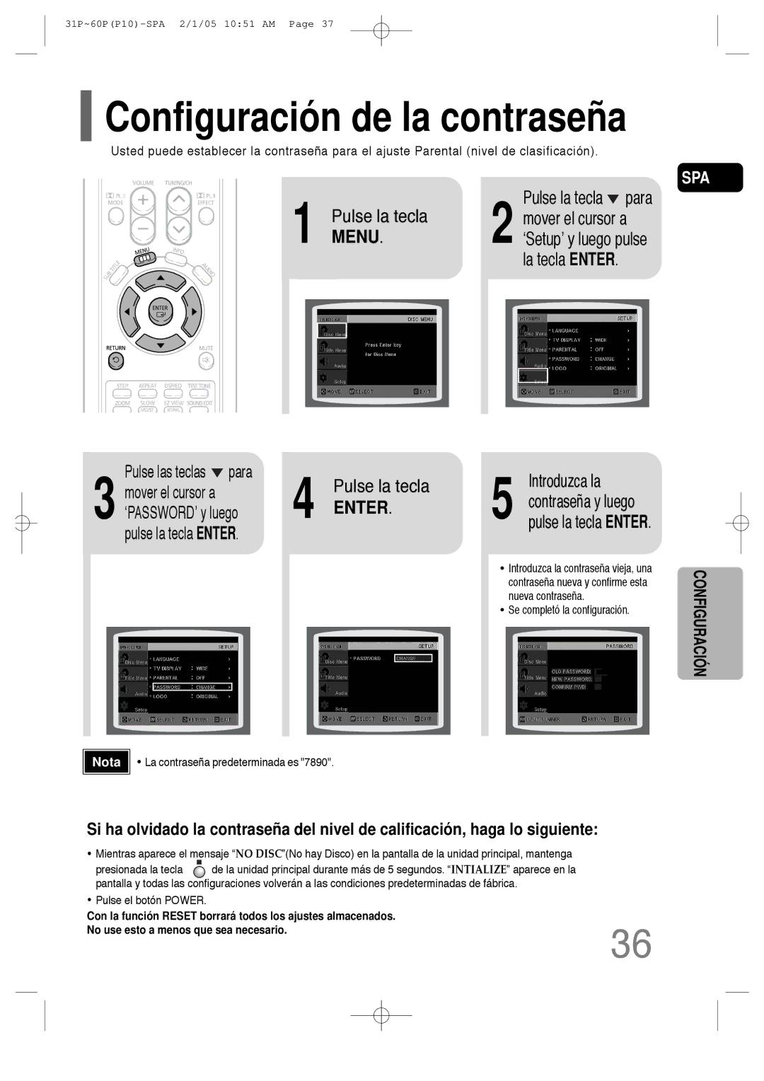 Samsung HT-P10R/EDC, HT-P10R/ELS Configuración de la contraseña, Mover el cursor a, Pulse la tecla Enter Introduzca la 