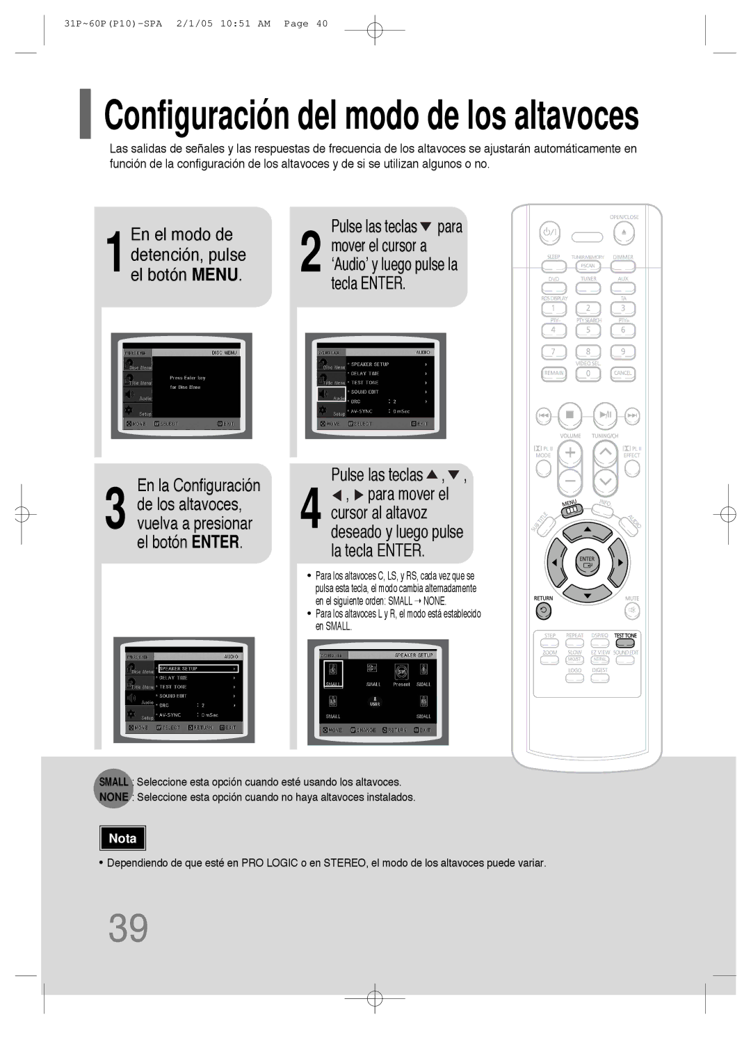 Samsung HT-P10R/EDC, HT-P10R/ELS manual En la Configuración, 1detención, pulse el botón Menu 