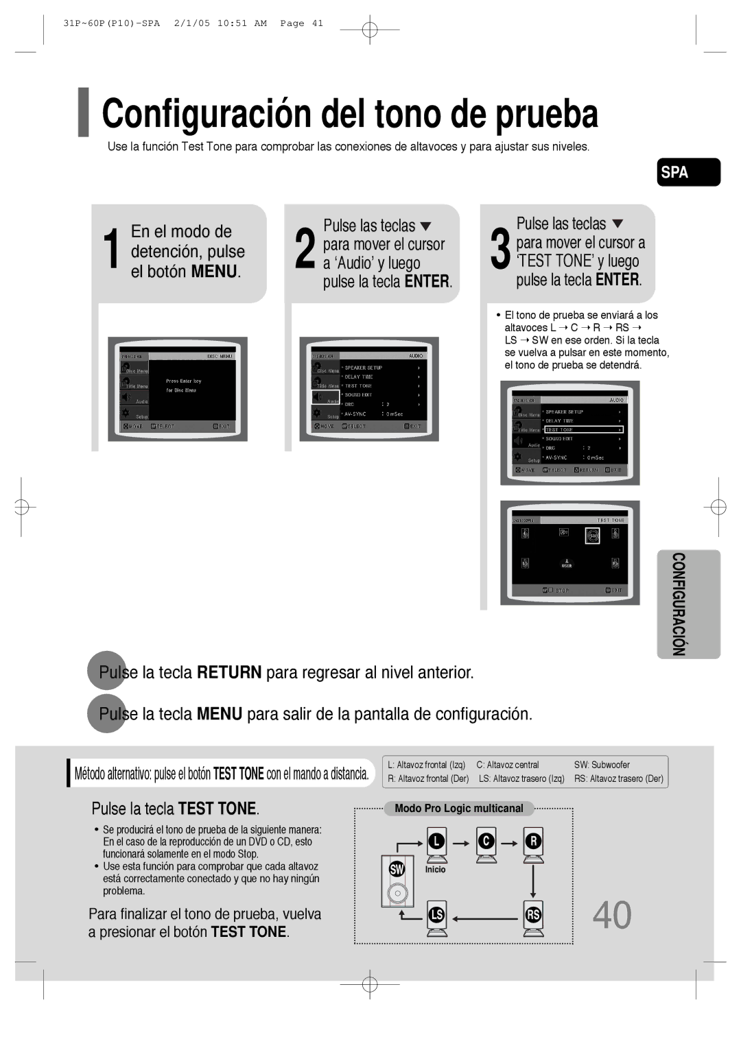 Samsung HT-P10R/ELS, HT-P10R/EDC manual Configuración del tono de prueba, Pulse la tecla Test Tone, Pulse la tecla Enter 