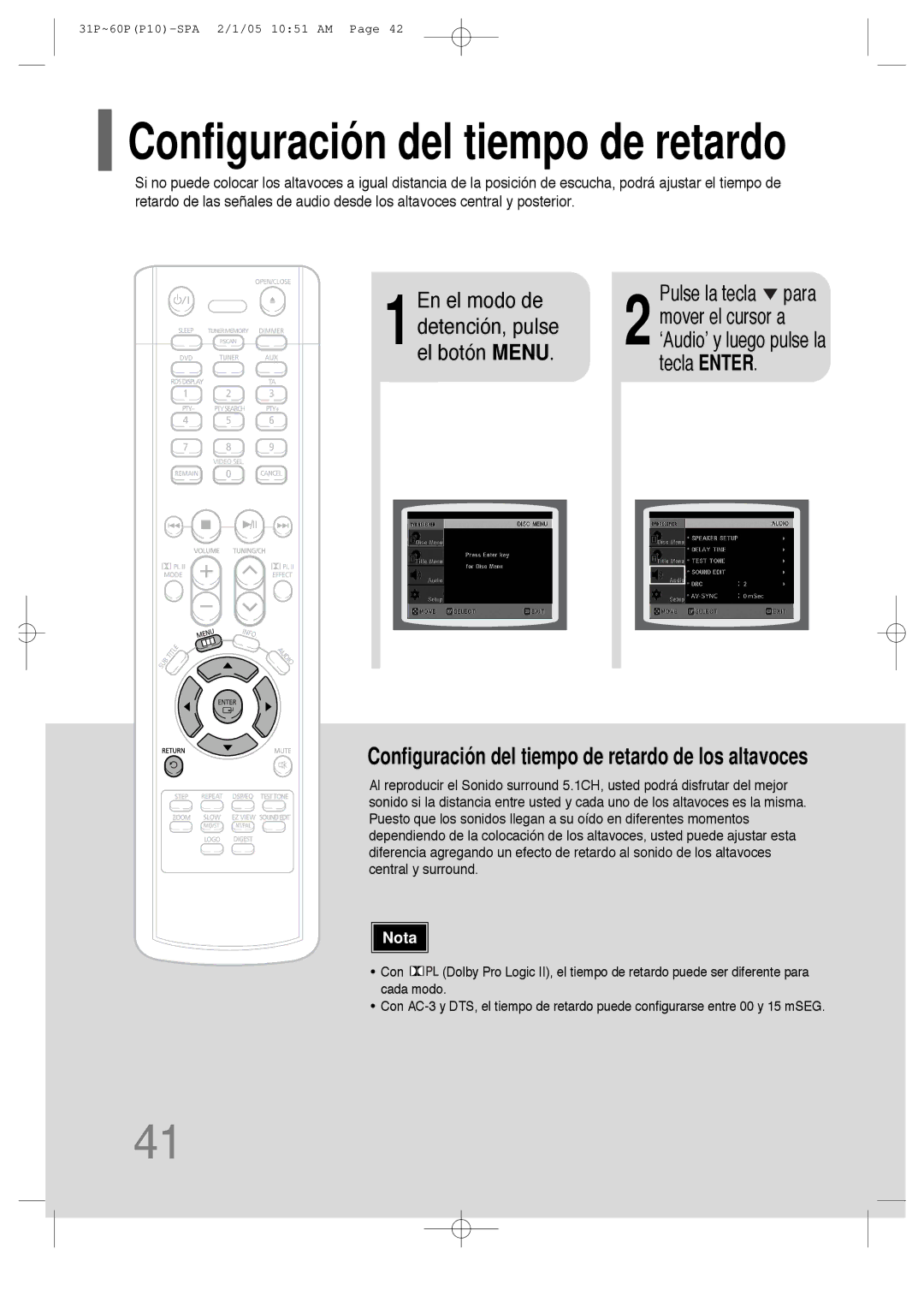 Samsung HT-P10R/ELS, HT-P10R/EDC manual Configuración del tiempo de retardo 