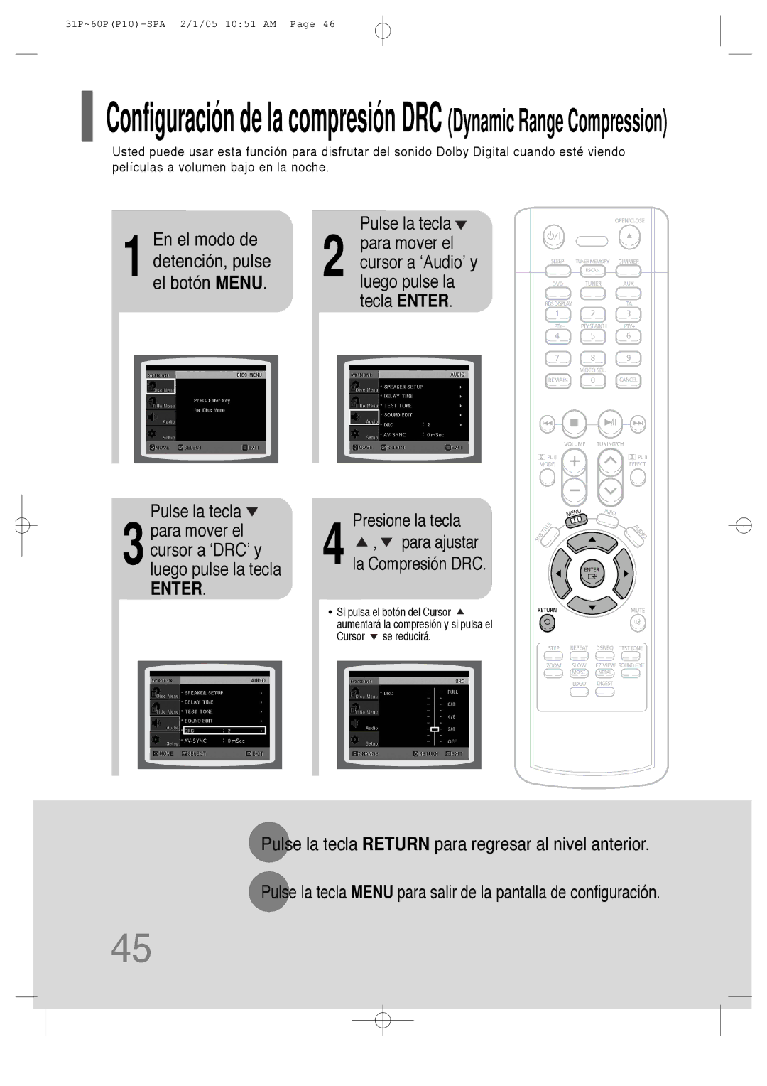 Samsung HT-P10R/EDC, HT-P10R/ELS manual La Compresión DRC, Pulse la tecla 2 para mover el 