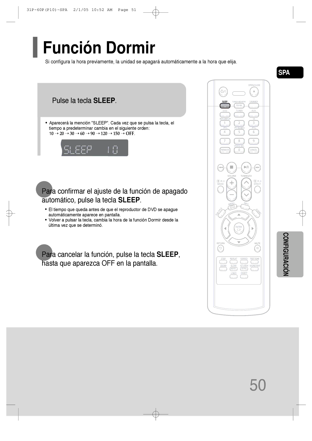 Samsung HT-P10R/ELS, HT-P10R/EDC manual Función Dormir, Pulse la tecla Sleep 