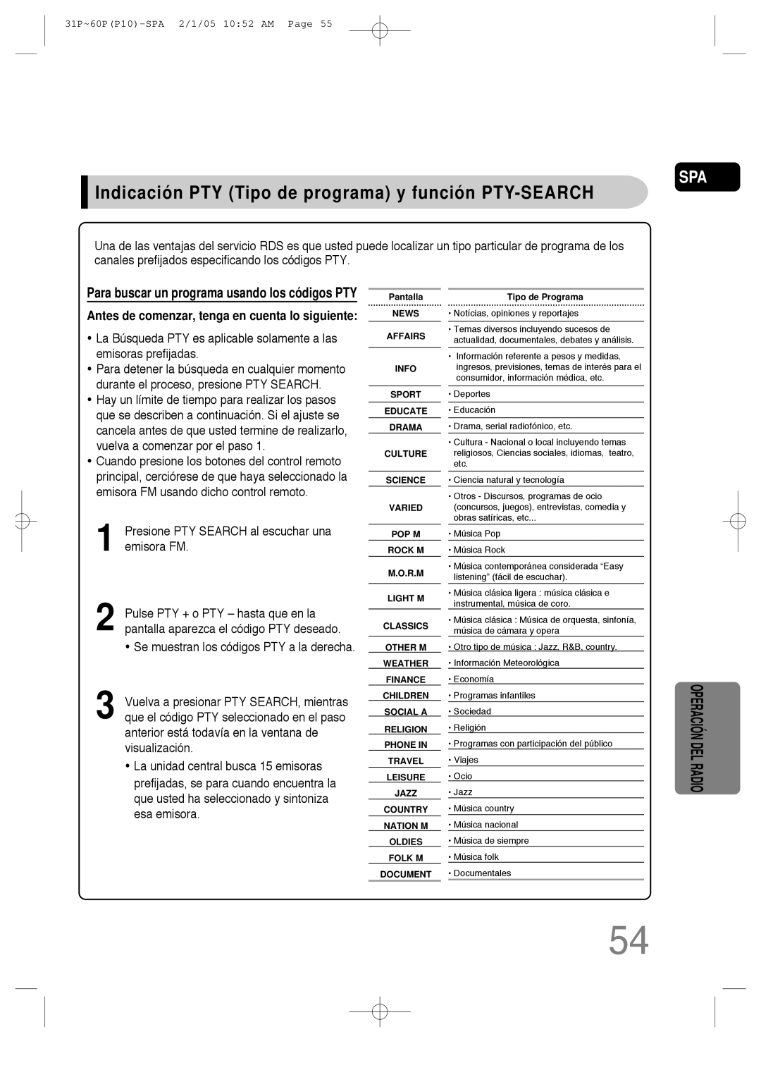 Samsung HT-P10R/EDC, HT-P10R/ELS manual Indicación PTY Tipo de programa y función PTY-SEARCH, Tipo de Programa 