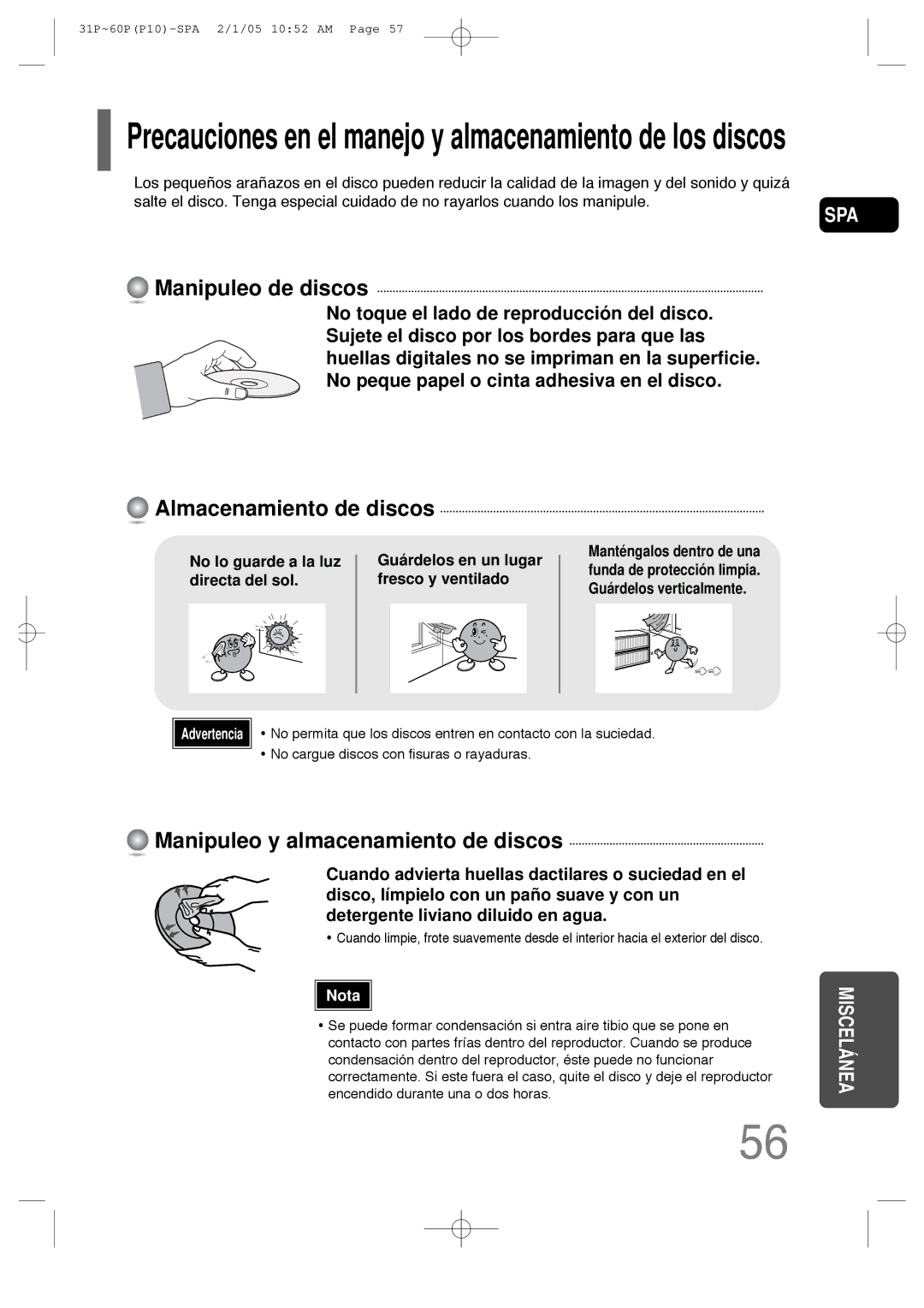 Samsung HT-P10R/ELS, HT-P10R/EDC manual Manipuleo de discos, Almacenamiento de discos, Manipuleo y almacenamiento de discos 