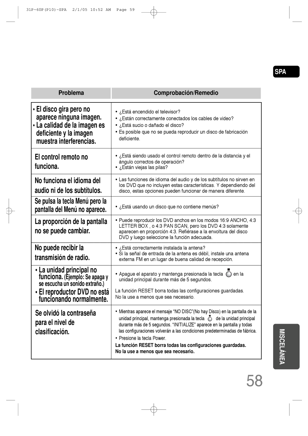 Samsung HT-P10R/ELS, HT-P10R/EDC manual Deficiente y la imagen, La calidad de la imagen es 