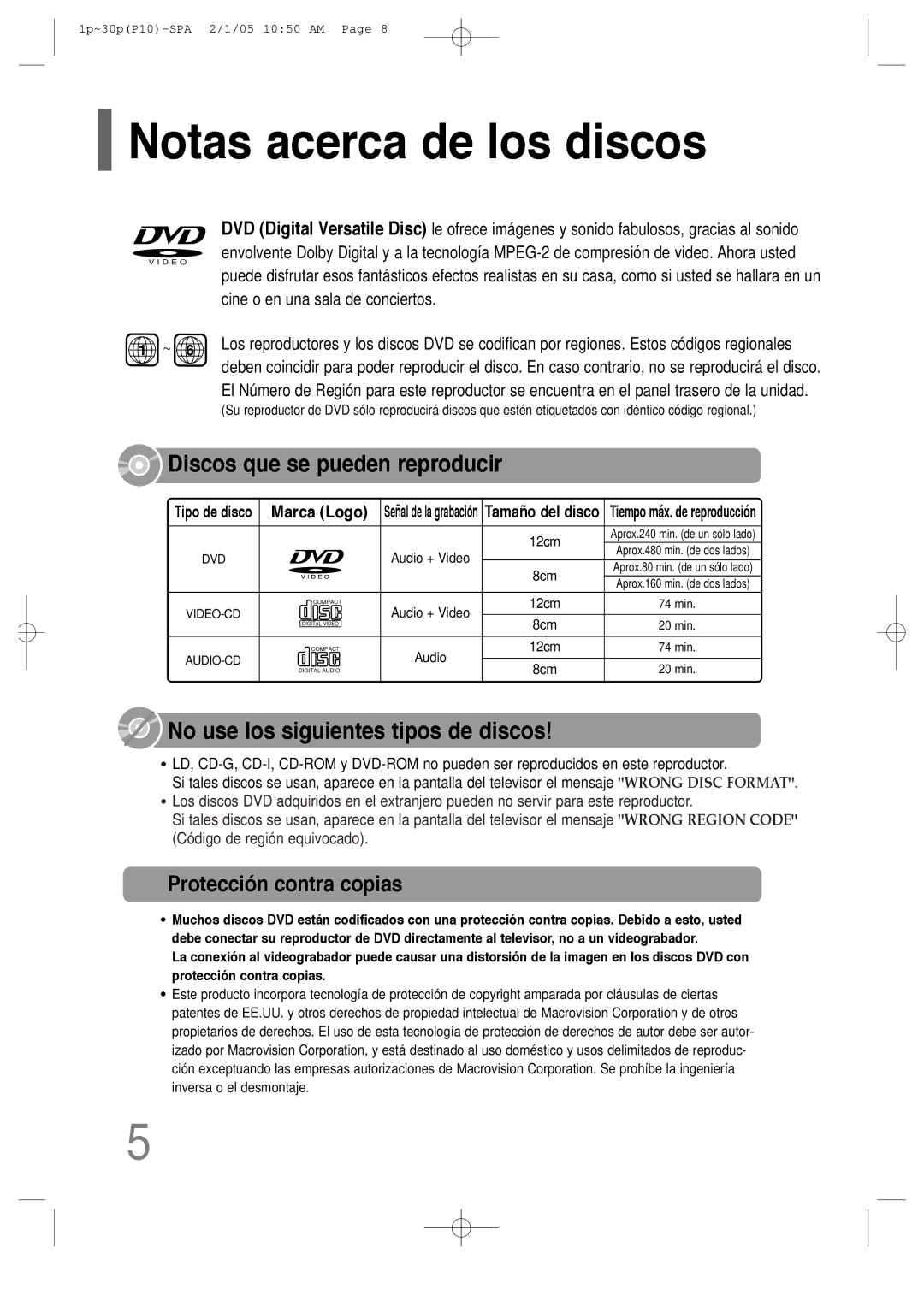 Samsung HT-P10R/ELS, HT-P10R/EDC manual Notas acerca de los discos, Protección contra copias 