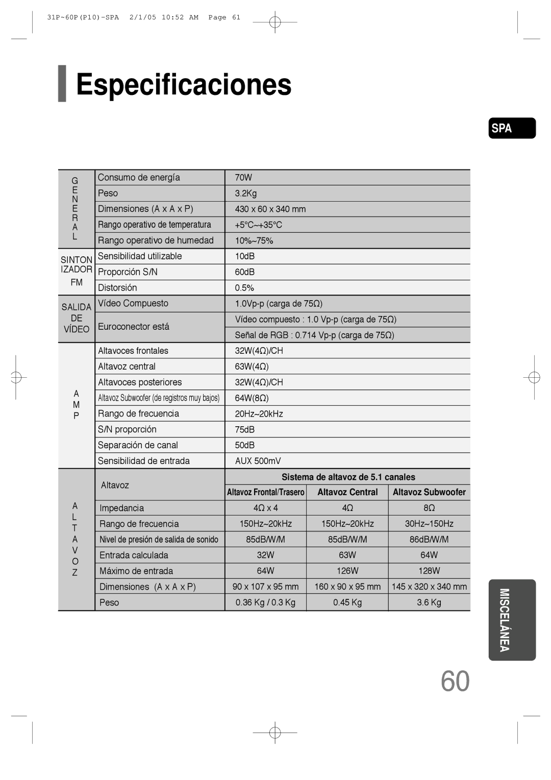 Samsung HT-P10R/EDC, HT-P10R/ELS manual Especificaciones, Izador 